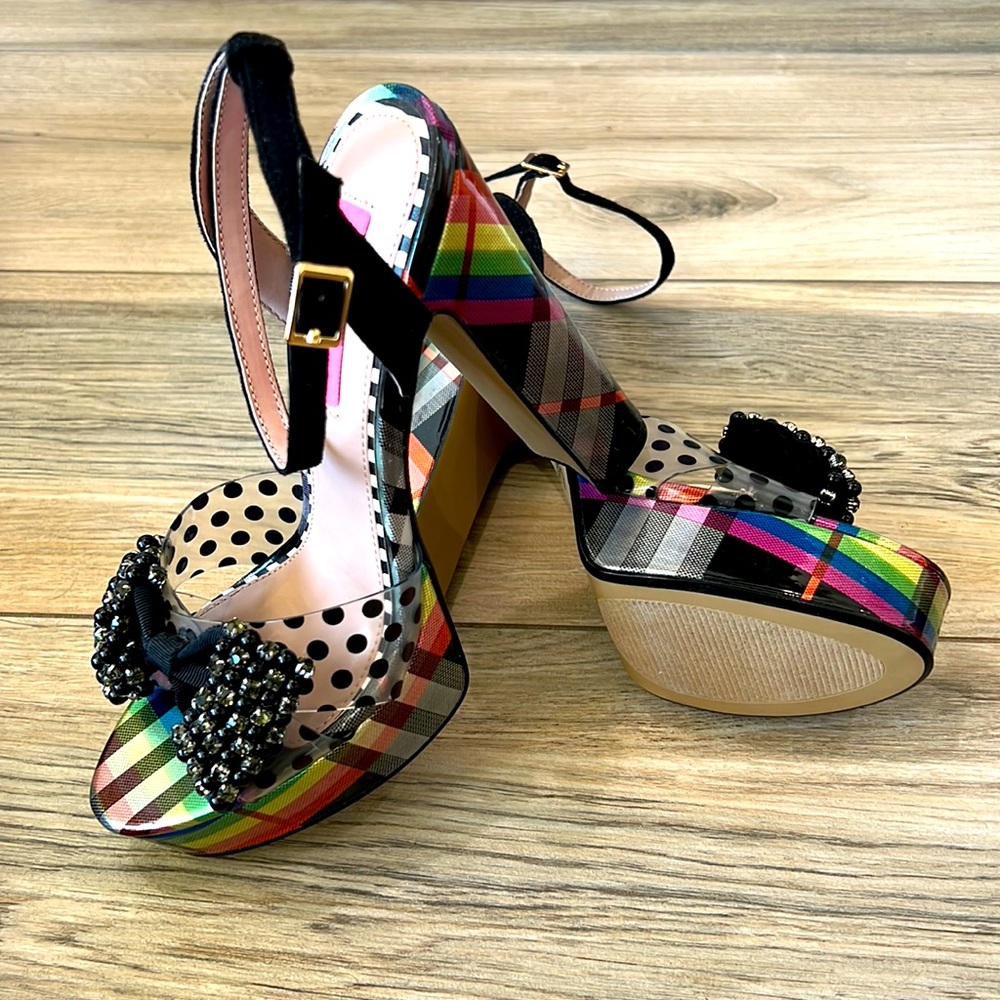 Betsey Johnson Rainbow Plaid Platform Heels with Black Beaded Bow
